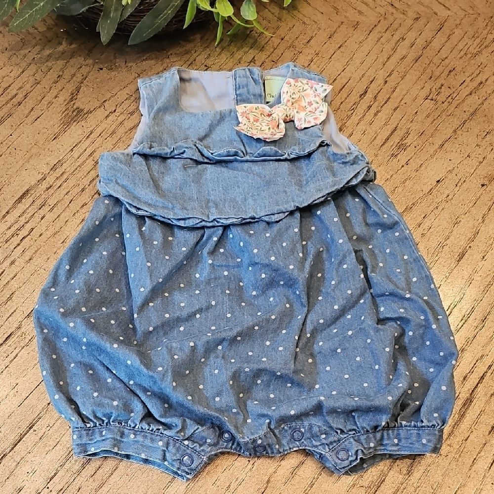 Blue Polka Dot Denim Baby Romper 6-9 Months